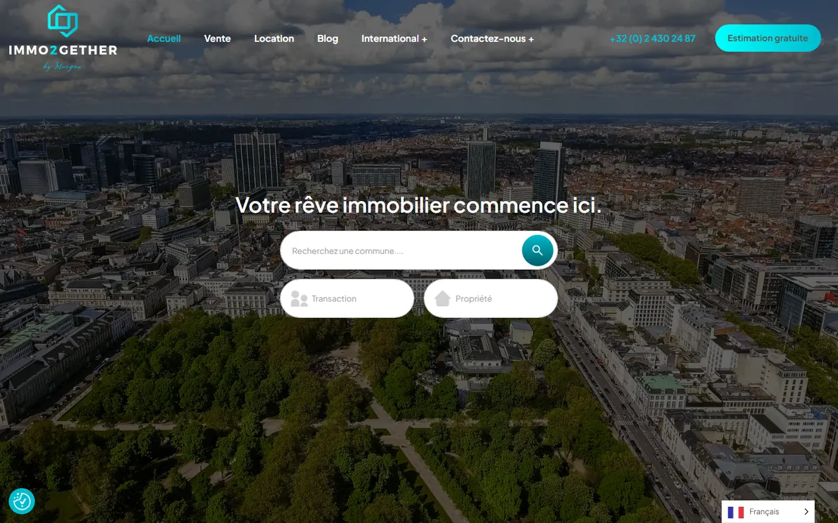 Page d'accueil du site immo2gether.be, agence immobilière à Bruxelles